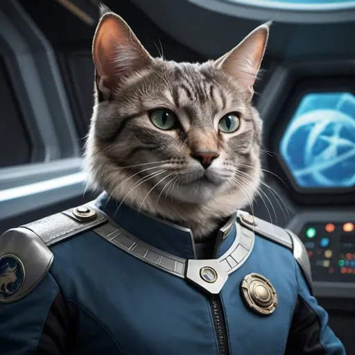 Prompt: the cat is the captain of the spaceship. The Orville series. Sci fi concept art.