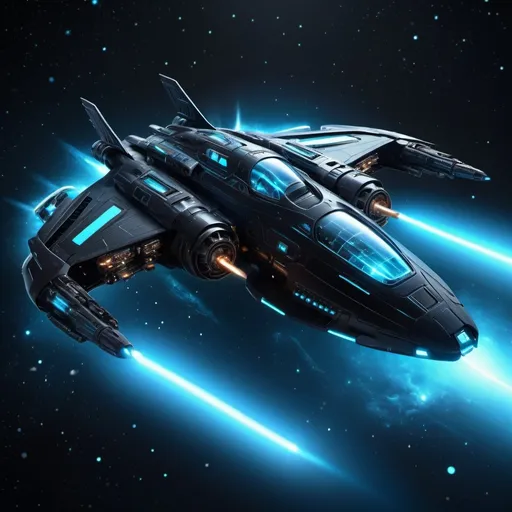 Prompt: (futuristic black spaceship), illuminated with (ethereal light blue glow) underneath, featuring a (radiant glowing cockpit), armed with (powerful cannons on the wings), twin (mini guns on each side), sleek aerodynamic design, set against a starry cosmic background, emphasizing the spaceship's advanced technology and ominous presence, (4K ultra-detailed).