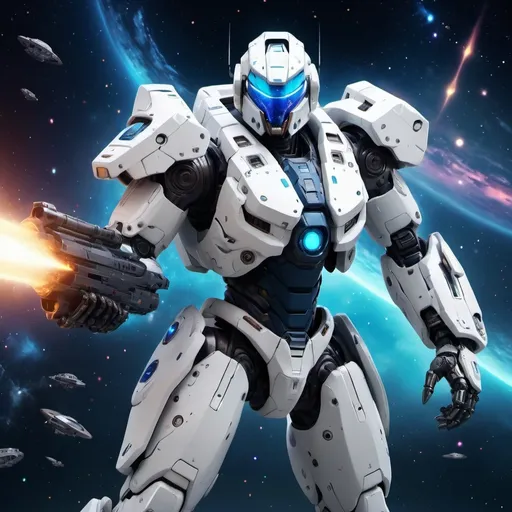 Prompt: A mech that has a glowing blue visor and white suit full of scratches and make the robot flyin in space and the robot having a massive gun and a shield with a sword 