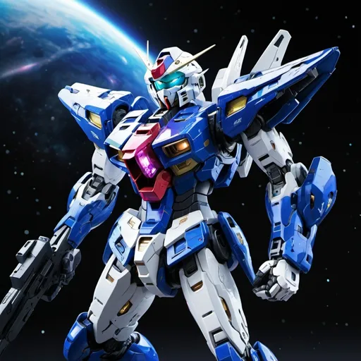 Prompt: (spaceship and gundam exia), (dynamic composition), futuristic design, ultra-detailed, vivid colors, cosmic background, sparkling stars, high-tech elements, glossy finish, sci-fi theme, (3D rendering), cinematic lighting, intense atmosphere, action-ready aesthetics, sleek and powerful forms, conveying strength and adventure.