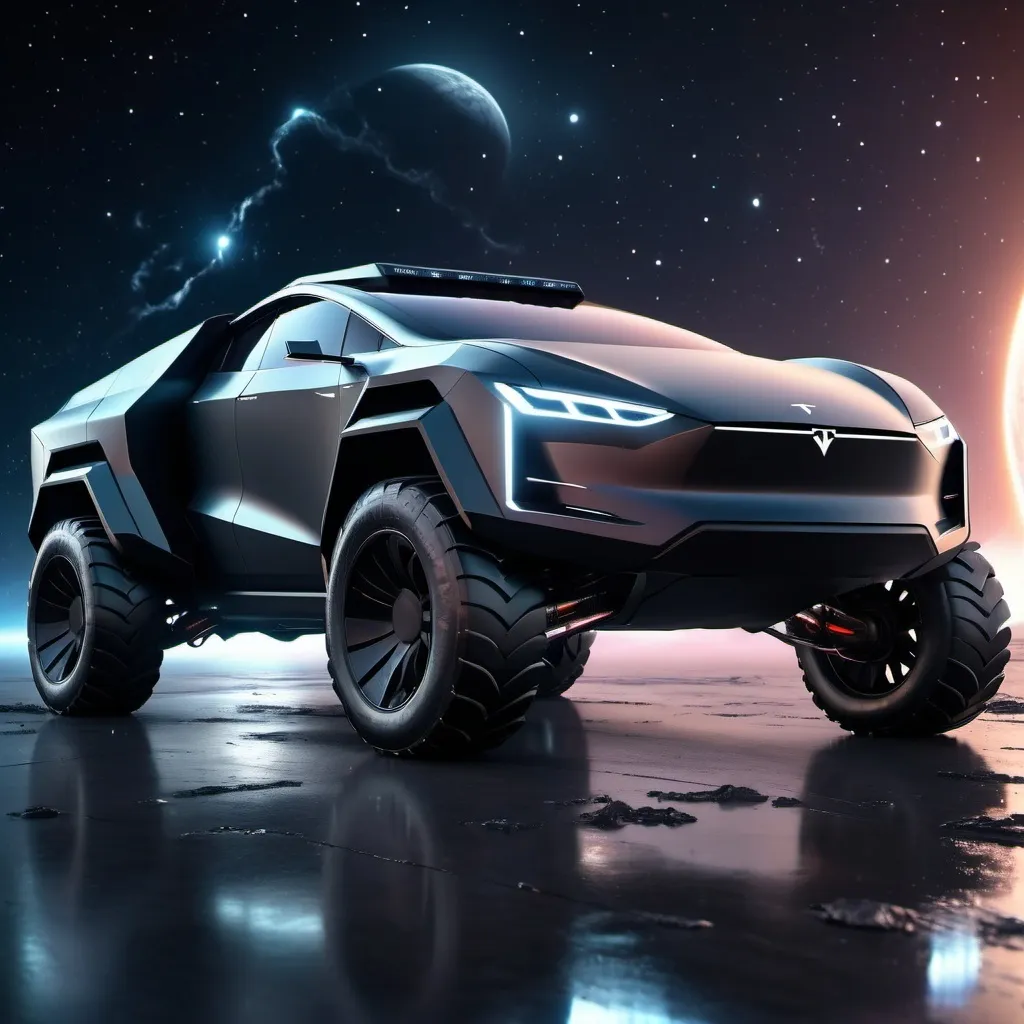 Prompt: A Tesla cybertruck looking space ship with plasma guns on each side and it is black with a white glow and a rocket booster with a dragon next to it now add wing to it