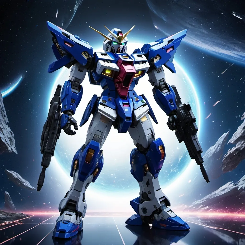 Prompt: (spaceship and gundam exia), (dynamic composition), futuristic design, ultra-detailed, vivid colors, cosmic background, sparkling stars, high-tech elements, glossy finish, sci-fi theme, (3D rendering), cinematic lighting, intense atmosphere, action-ready aesthetics, sleek and powerful forms, conveying strength and adventure.