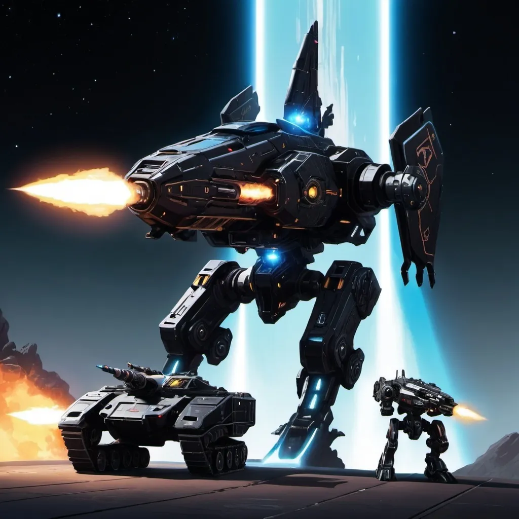 Prompt: Aspace ship with plasma guns on each side and it is black with a white glow and a rocket booster with a dragonmech next to it And make the dragonmech flying beside it and a tank on top of it