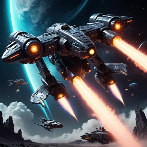 Prompt: Aspace ship with plasma guns on each side and it is black with a white glow and a rocket booster with a dragonmech next to it And make the dragonmech flying beside it and a tank on top of it