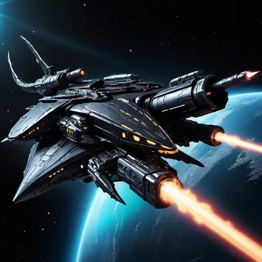 Prompt: Aspace ship with plasma guns on each side and it is black with a white glow and a rocket booster with a dragon next to it And make the dragon flying beside it and a tank on top of it