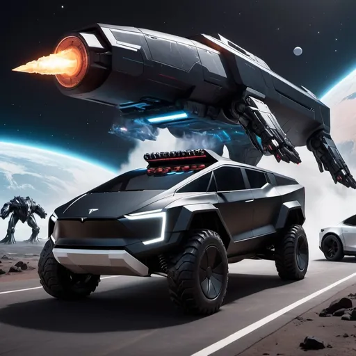 Prompt: A Tesla cybertruck looking space ship with plasma guns on each side and it is black with a white glow and a rocket booster with a dragon next to it