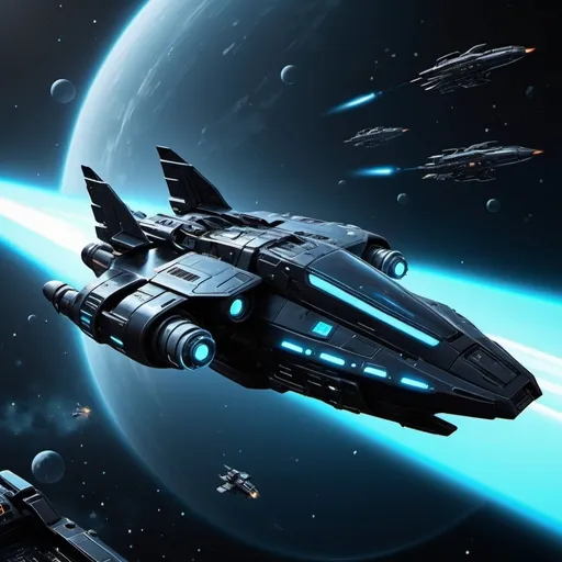 Prompt: (dramatic concept spaceship), sleek black design, (light blue glow underneath), glowing cockpit, futuristic details, weaponry including (cannons on wings), mini guns on each side, atmospheric space background, stars scattered across the vastness, high-tech ambiance, ultra-detailed, cinematic quality, deep contrast, high quality rendering.