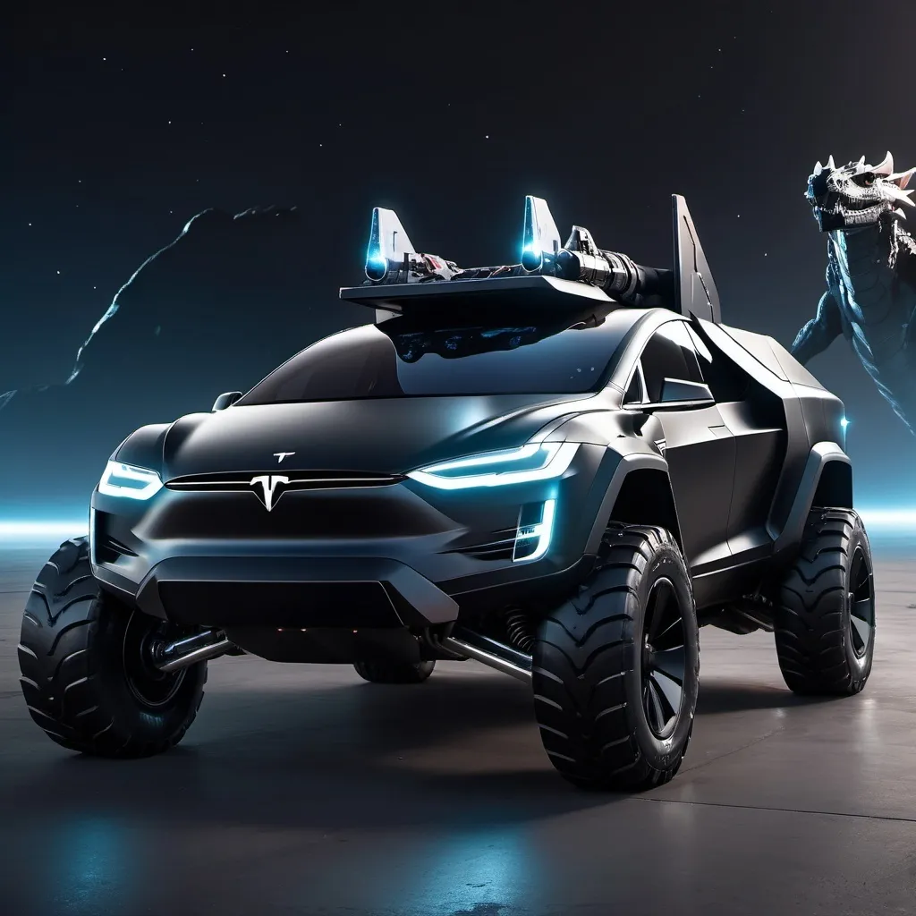 Prompt: A Tesla cybertruck looking space ship with plasma guns on each side and it is black with a white glow and a rocket booster with a dragon next to it now add wing to it