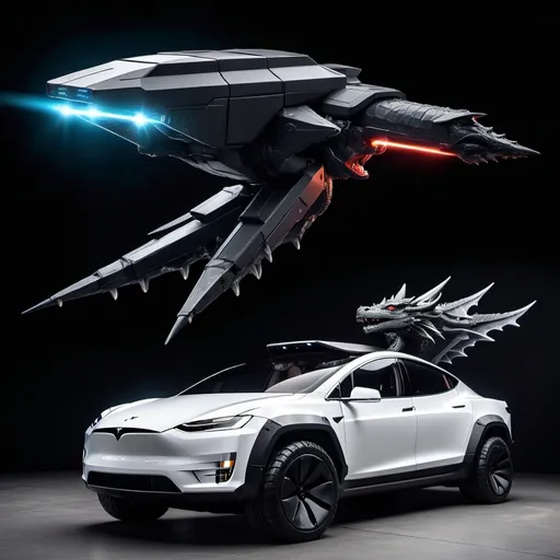 Prompt: A Tesla cybertruck looking space ship with plasma guns on each side and it is black with a white glow and a rocket booster with a dragon next to it now add wings to it And make the dragon flying beside it 