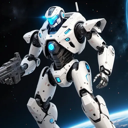 Prompt: A mech that has a glowing blue visor and white suit full of scratches and make the robot flyin in space and the robot having a massive gun and a shield with a sword 