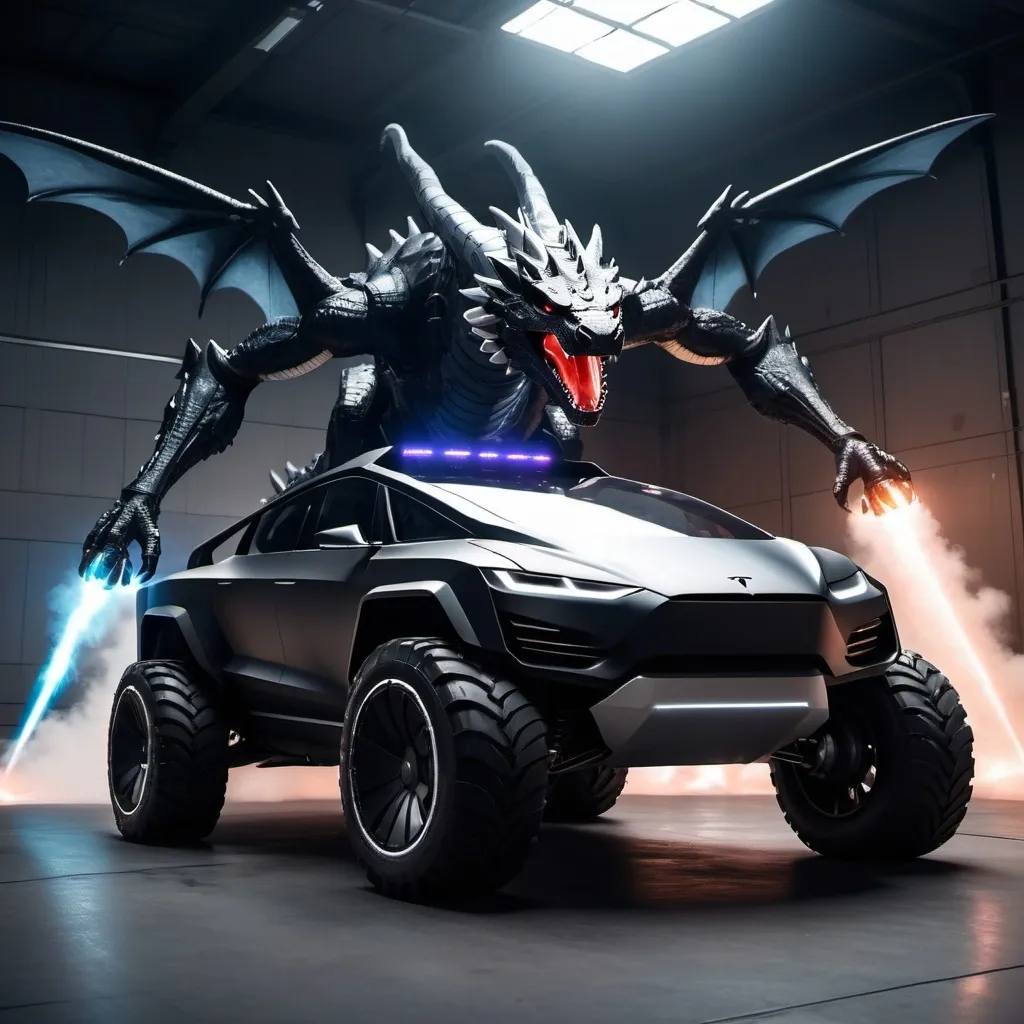 Prompt: A Tesla cybertruck looking space ship with plasma guns on each side and it is black with a white glow and a rocket booster with a dragon next to it now add wings to it And make the dragon flying beside it 