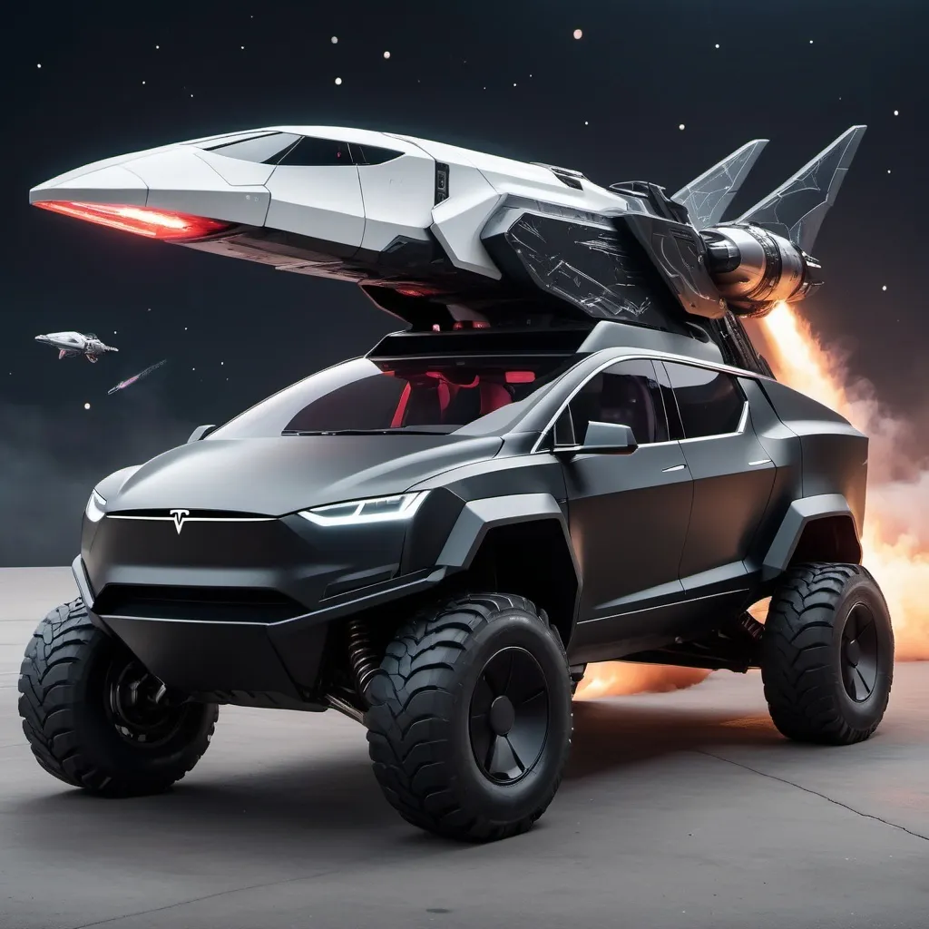 Prompt: A Tesla cybertruck looking space ship with plasma guns on each side and it is black with a white glow and a rocket booster with a dragon next to it now add wing to it