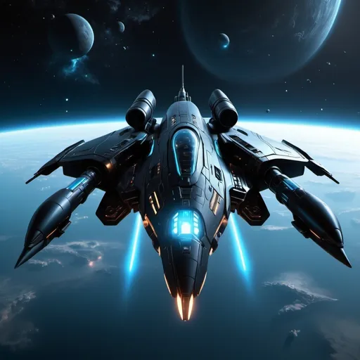 Prompt: (dramatic concept spaceship), sleek black design, (light blue glow underneath), glowing cockpit, futuristic details, weaponry including (cannons on wings), mini guns on each side, atmospheric space background, stars scattered across the vastness, high-tech ambiance, ultra-detailed, cinematic quality, deep contrast, high quality rendering.