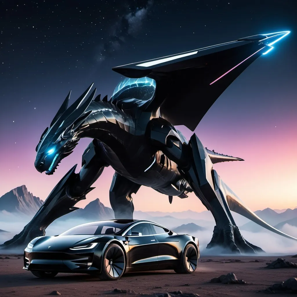 Prompt: A Tesla cybertruck looking space ship with plasma guns on each side and it is black with a white glow and a rocket booster with a dragon next to it now add wing to it