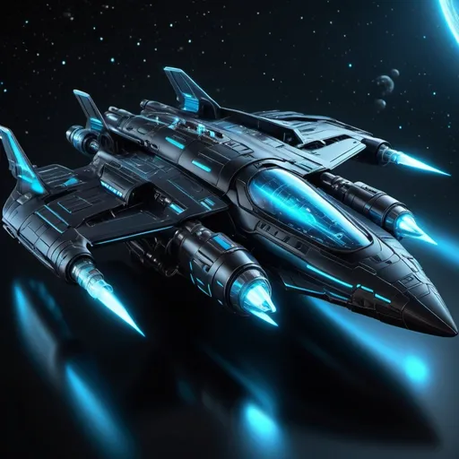 Prompt: (futuristic black spaceship), illuminated with (ethereal light blue glow) underneath, featuring a (radiant glowing cockpit), armed with (powerful cannons on the wings), twin (mini guns on each side), sleek aerodynamic design, set against a starry cosmic background, emphasizing the spaceship's advanced technology and ominous presence, (4K ultra-detailed).