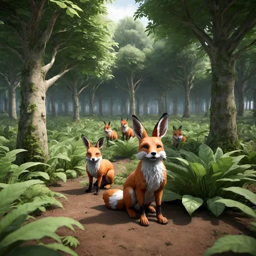 Prompt: please create a plantation forest, including plants and some animals such as rabbits, fox, wolf in the forest in the background.  