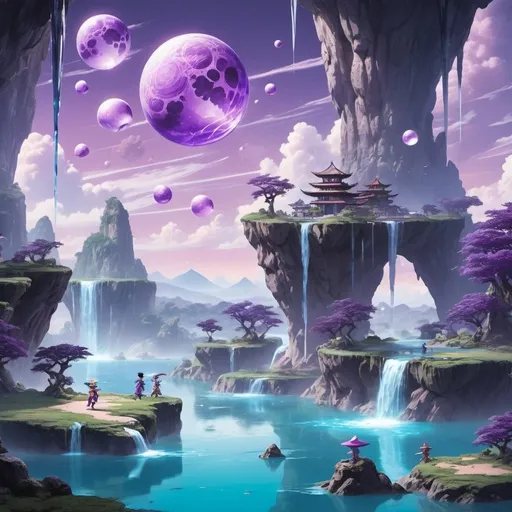 Prompt: An otherworldly landscape with floating islands made of crystal-clear glass, reflecting a purple sky with multiple moons and a gentle waterfall cascading between the islands.  With Dragonball Z characters fighting.