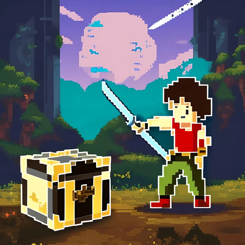 Prompt: a sword wielder finds a treasure chest in 8 bit