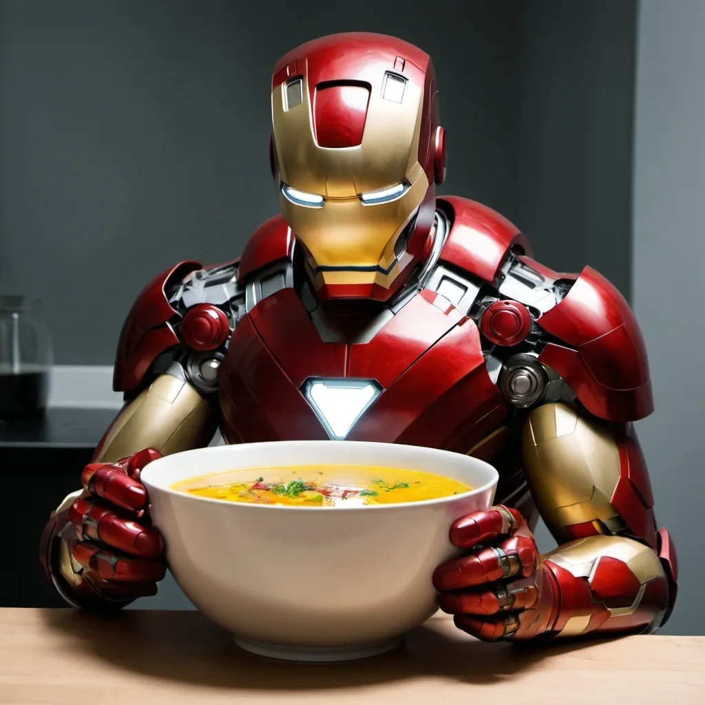 Prompt: Iron man eating a bowl full of soup