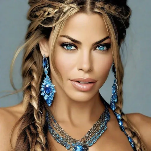 Prompt: Full head portrait up to the waist A mix of sofia vergara + shakira;sophisticated,Beautiful Turkish girl, long brown hair with braids and jewelry, fascinating eyes, temptations, irresistible, fantasy. Intense blue eyes, corseted, clean lines, vibrant colors"