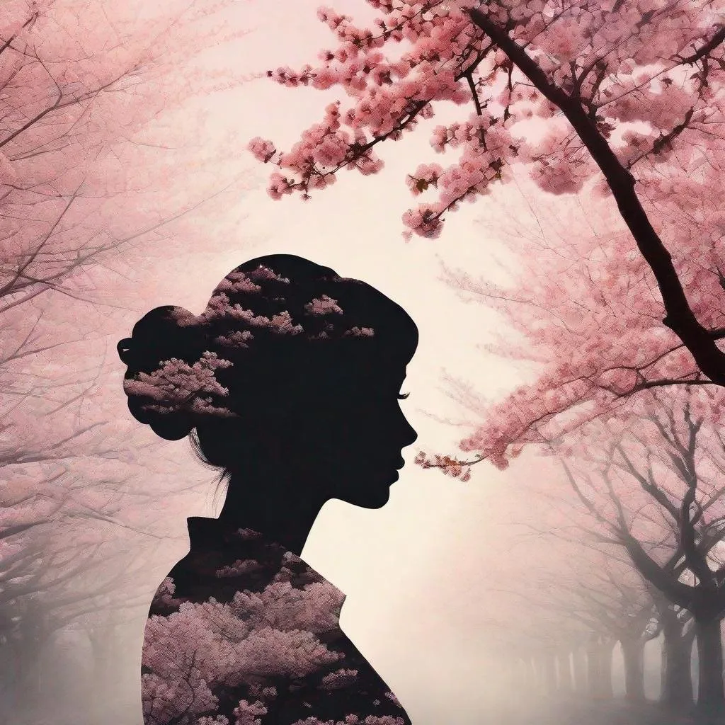 Prompt: (Double exposure effect:1.3) of (female portrait :1.2) (silhouette:1.1) superimposed against sakura trees, by Dan Mountford, by Dan Hillier, soft colors, negative space, photoillustration