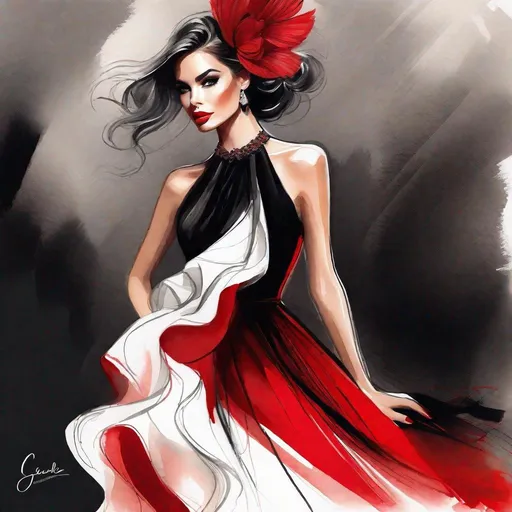 Prompt: Araffe Fashion illustration of a woman in a black and red dress, Detailed fashion illustration, by Eva Gonzalès, Estilo de Charlie Bowater, Al estilo de Charlie Bowater, Arte conceptual de moda, por Rhea Carmi, Luxury fashion illustration, fashion illustration, vestido fluido, vestido, inspired by Slava Raškaj, vestido hermoso vestido, garbed in a black and red gown