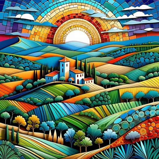 Prompt: Tuscany landscape, Florence village; gemstone mosaic; ultra sharp; abstract surrealism; vivid colors; papercut fantasy; spectacularly clear; sparkling metallic overlay; abstract vector fractal, wave function, Zentangle, 3d shading"