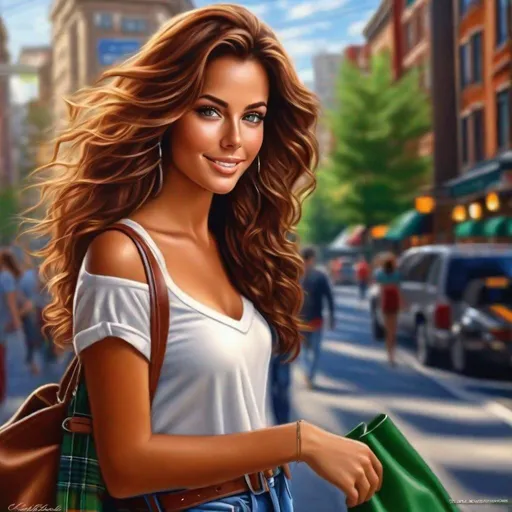 Prompt: realistic painting girl with tanned skin, long brown hair with reddish highlights and soft curls, beautiful green eyes, maxi body size with a flannel and tight blue jeans, low-heeled open shoes, she wears store belts while walking happily through the city. ((((ultra detailed, photorealistic, ultrarealistic, 32K, 18K, digital graphics, HD, HDR, UHDR ))))