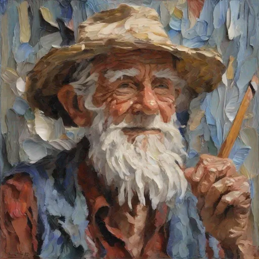 Prompt:  Old man- techniques used:
oil painting and quilling Using the pasted brushstroke. and spatula art by  Colin Campbell Cooper