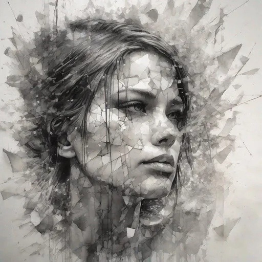 Prompt: watercolor  Insanely detailed cinematic Realistic monochromatic  drawing of a woman. broken Glass fragments, crystal Rocco By  Simon Dewey and  CGSociety and Carne Griffiths and James Christensen, watercolor splash background,  Black and white."