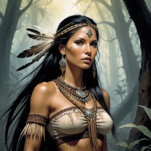 Prompt: Pocahontas portrayed in a Luis Royo-style illustration, standing tall in her tribal attire that mirrors the appearance of Charisma Carpenter, background featuring elements of nature typical in a Royo universe, intricate tribal motifs, soft yet intense shadows casting over her strong features, volumetric lighting highlighting her flowing hair and the textures of her outfit, ultra-detailed, cinematic.