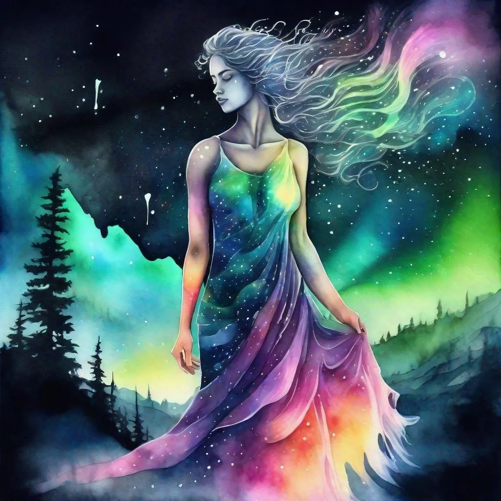 Prompt: (Double exposure >aurora borealis< landscape), (with waterfall and, >stars<), elegant and highly detailed fantasy illustration, beautiful Full Torso woman, ), ((Standing in the dark, windy, playing with >orbs < fluffy hair with colorful curls) ), watercolor painting and ink style, using fluorescent body paint, ((( isolated black background with >ladybugs< ))), (((( 3D, ultra detailed, photorealistic, ultra-realistic, 32K, 18K, digital graphics, HD, HDR, UHDR))))