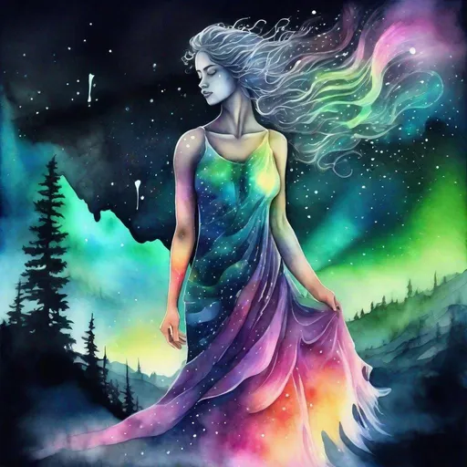 Prompt: (Double exposure >aurora borealis< landscape), (with waterfall and, >stars<), elegant and highly detailed fantasy illustration, beautiful Full Torso woman, ), ((Standing in the dark, windy, playing with >orbs < fluffy hair with colorful curls) ), watercolor painting and ink style, using fluorescent body paint, ((( isolated black background with >ladybugs< ))), (((( 3D, ultra detailed, photorealistic, ultra-realistic, 32K, 18K, digital graphics, HD, HDR, UHDR))))