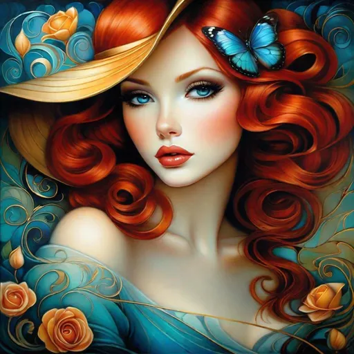 Prompt: Hyperdetailed, fairytale, [Jeremiah Ketner, Brian M. Viveros, Esao Andrews, Margaret Keane], close-up, mysterious gorgeous girl, perfect harmonious facial features, double exposure, redhead, plump lips, perfect hands, dainty, delicate, dreamlike, dynamic pose,  manoir, swirls, perfect composition 