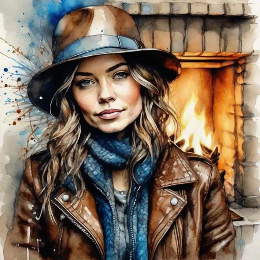 Prompt: Beautiful girl in brown leather jacket and woven hat of the blue-gray lor 3/4 face sitting in front of a fireplace at Christmas line ink and watercolor by , Carne Griffiths, Mab Graves Stylized splash art, Intricate, Complex contrast, HDR, Sharp, soft Cinematic Volumetric lighting, complimentary blended colors, wide long shot, perfect masterpiece".