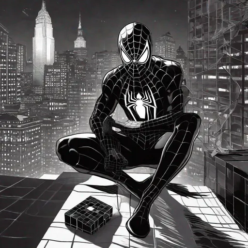 Prompt: Spiderman Noir with rubixs cube