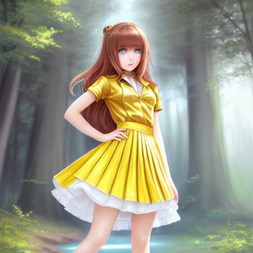 Prompt: Illustration of amber | Young female, defined facial features, beautiful eyes,  Hair similar, light reddish, defined and well structured.  high-heeled shoes, white shirt clothes,  yellow pleated skirt. painting, digital illustration, extreme detail, digital art,  Detailed and intricate little cute chibi, aesthetic, style, hd, Anne Stokes and noriyoshi ohrai
photography,