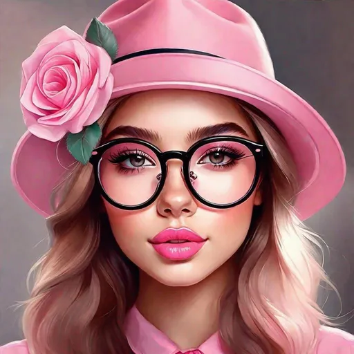 Prompt: A painting of a girl 17 years old  with glasses and a hat, Cute detailed digital art,

pink hat decorated with pink roses and a ribbon