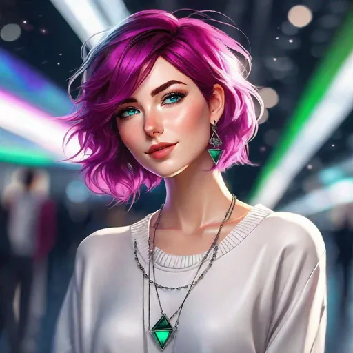 Prompt: Standing. Realistic manga. Perspective effect. French woman with rock style. Short wavy soft intense magenta hair with tousled black highlights. Slender triangular face. Freckles. Bright blue-green eyes. Smile, shiny lips. Medallion necklace, silver earrings, White wool sweater with plunging neckline, pleated mini-skirt, black stockings, white sneakers, masterpiece, 16k RAW, HDR, Award Winning Work 