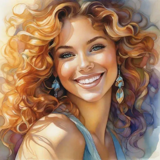 Prompt: young smiling woman, hair. loose. curly earrings cool colors light interaction of the sun and the shadows Art by  Jody Bergsma