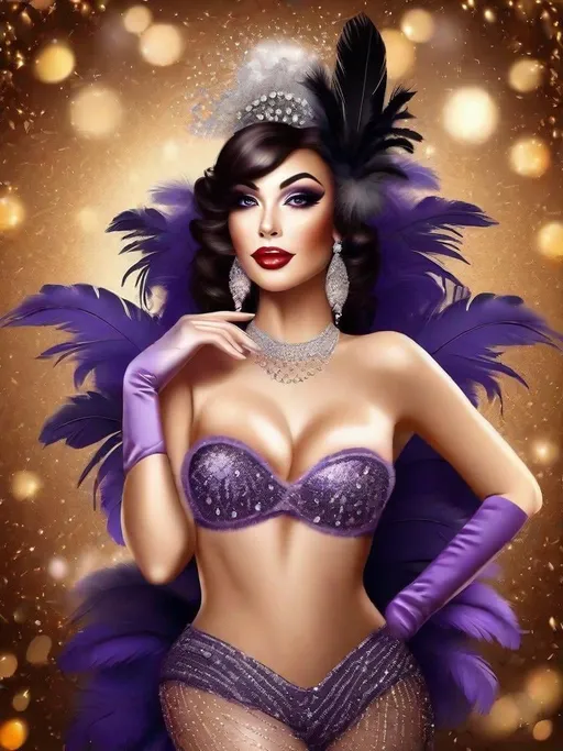 Prompt: a beautiful girl  with burlesque clothes, feathers, glitters, cabaret background, realistic and shapely face