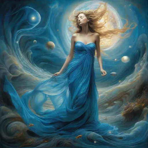 Prompt: contemporary,surrealism,(an imaginative and whimsical image),(combines elements of sun, moon and water),(imagination of a dynamic spiraling cosmos and the mysteries of the world),a beautiful photorealistic undine in a blue silk chiffon dress very long and multi-layered, in the middle, ethereal world where you can see the wonders of nature, illuminating lights, color scheme focused on blue, turquoise gold, 32K, 18K, digital graphics, HDR, UHDR