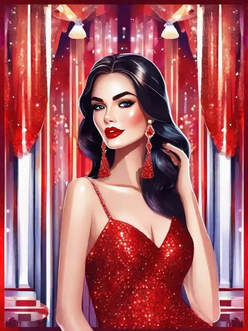 Prompt: Summer icon pack, full figure of a charming girl dressed in a slit long sequin evening dress, high heels, long straight hair, red lipstick makeup, with a background of a red stage with diamond curtains, many jewels, random coloring, design, t-shirt design,  fantasy art, watercolor effect, digital painting, white bg, 8K