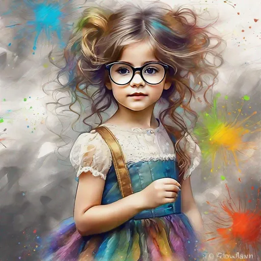 Prompt: little girl with messy hair and glasses full-length vintage, Cabello de colores dress with lace on canvas, paint splatters fantasy steampunk effect 3D animation colored graphite pencil drawing digital Art by rainbow hair 