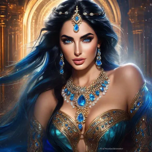 Prompt: Splash art hyperrealistic, Unclad, Emeraude Toubia queen, long brown hair with braids and jewels, mesmerizing eyes, snow, Lustrous, seduction, temptations, irresistible, fantasy. Sharp blue eyes, full body, diaphanous low cut, corseted, clean lines, vibrant color"