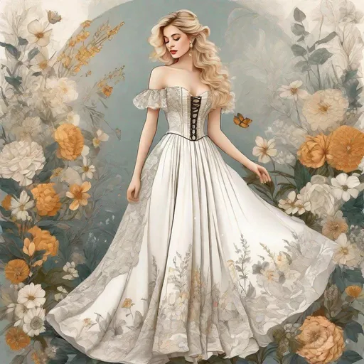 Prompt: Full body image of girl with Blonde hair flower wearing romantic white dress with corset, long skirt with flowers, vintage style, hyper-detailed botanical lithograph, designer line drawing, digital illustration, heavy inking, maximalist botany, an illustrative masterpiece beautiful and aesthetically pleasing, post editing Topaz AI