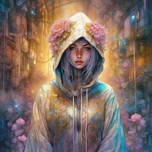 Prompt: Beautiful Digital hooded cyberpunk hacker watercolour, fantasycore Illustration, by Waterhouse, Josephine wall, Minjae Lee, Ana Paula Hoppe, Stylised watercolour art, Intricate, Complex contrast, HDR, Sharp, soft Cinematic Volumetric lighting, lush flowery pastel golden hour colours, wide long shot, perfect masterpiece