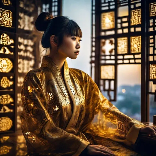 Prompt: a beautiful asian girl, hair with bangs and ponytail, dressed in a transparent futuristic robe, adds carved golden batik motifs to the robe, sitting near a large window with a view of the traditional village at night.