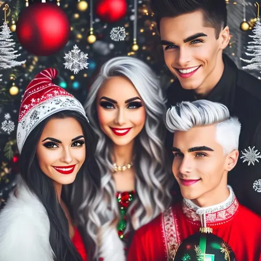 Prompt:  Family:  1 adult women gray hair.  
1 adult man thin blonde hair,  
1 girl long black hair,  
1young man blonde hair of 30 years)) 

Dressed for Christmas, Christmas background, 

Christmas, family, vibrant,  art by Jasmine Becket-Griffith 