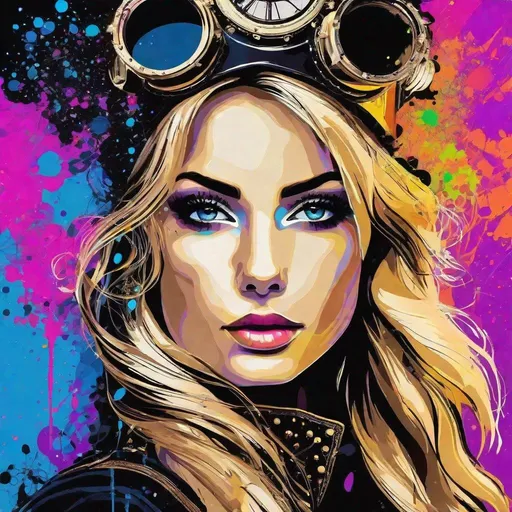 Prompt: beautiful steampunk blonde woman, paint splatter, black light style, aivectorart, black background